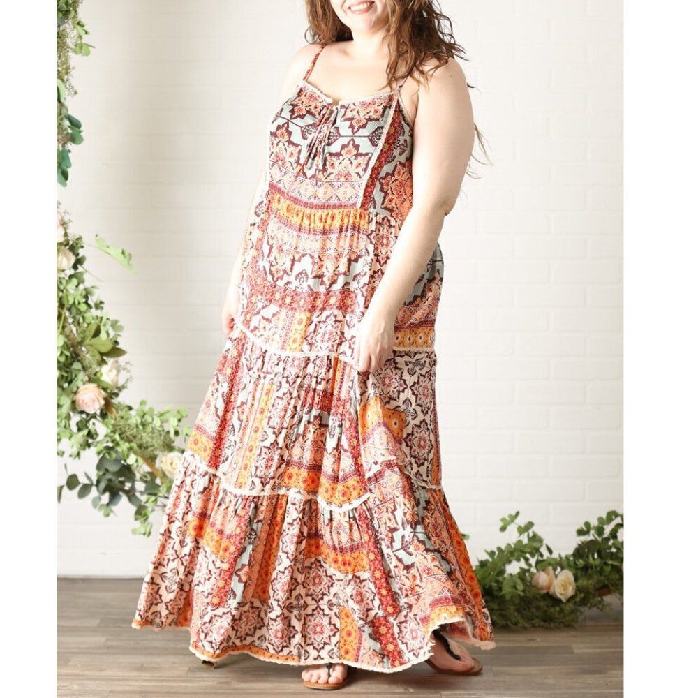 Plus Boho Gypsy Tiered Lace Trim Cami Maxi Dress